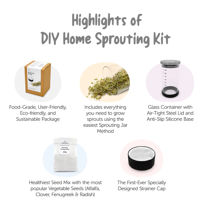 Sprouting Jar Kit - Unique Strainer Cap and Seed Mix Pack - Thoughtfully Designed & Easy to Use DIY Growing Kit